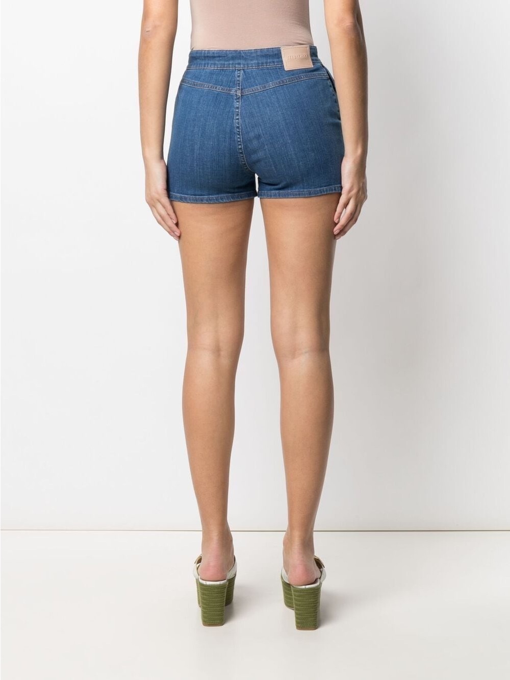 High-Rise Blue Denim Shorts with Side Embroidered Trim - Picture 3 of 4